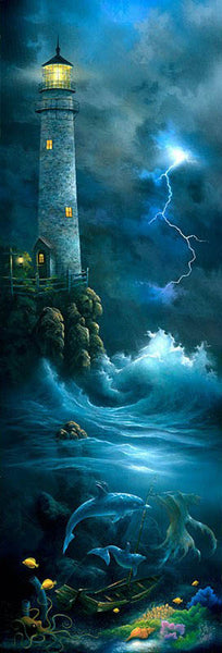 "Night Watch" Lighthouse and Dolphin Poster - 12" x 36"